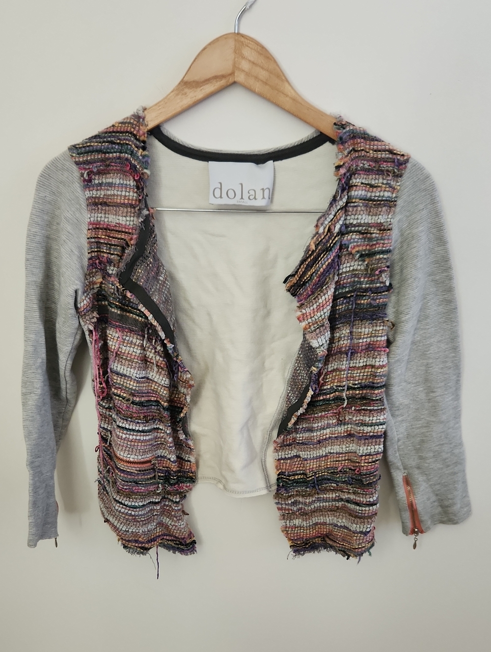Dolan Anthropologie Fringe 100% Silk Open Front Colorful Cardigan Zip Sleeves S